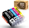 A set of five ink cartridges and their packaging. Produktbild-Vorschau