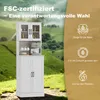 A white kitchen cabinet is shown in a natural, outdoor setting with rolling green hills in the background. Text overlays highlight eco-friendly aspects. Produktbild-Vorschau