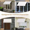 A collage of four images showing awnings installed in different outdoor settings: a garden, a balcony, a doorway, and a window. Produktbild-Vorschau