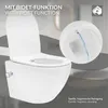 A modern white wall-hung toilet with a bidet function is shown, with a close-up inset demonstrating the water spray. Produktbild-Vorschau