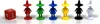 A red die and six colorful game pieces are arranged in a line on a white background. Produktbild-Vorschau