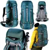 A collage of images showing different views and angles of a large hiking backpack, including one image of a person wearing it. Produktbild-Vorschau
