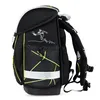 A side view of a black school backpack with yellow geometric accents and a white graphic of a soccer player. Podgląd zdjęcia produktu