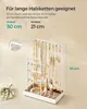 A white jewelry stand filled with various necklaces, earrings, and watches, with text overlays indicating dimensions and suitability for long necklaces. Produktbild-Vorschau