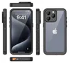Multiple views of a black iPhone case with a transparent back, showing the phone inside. Anteprima dell’immagine prodotto