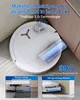 A white robot vacuum cleaner is shown cleaning near a wall and furniture, with inset images demonstrating its cleaning capabilities. Produktbild-Vorschau