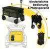 A collage of images showing a dark green foldable wagon, its folded state, and how it fits into a car trunk. Produktbild-Vorschau