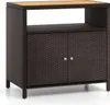 A brown rattan cabinet with a tan wooden top and two doors with silver handles, shown against a white background. Produktbild-Vorschau