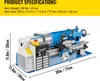 A blue and white mini metal lathe is shown on a white background with dimensions indicated. Produktbild-Vorschau