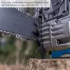 Close-up of a chainsaw bar and chain cutting into a wooden stump. Produktbild-Vorschau