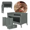 A collage of images showing a gray baby travel cot, its accessories, and a mother interacting with a baby in a similar cot. Voir les images du produit