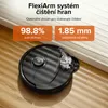 A black robot vacuum cleaner is shown on a wooden floor, next to a white baseboard. Text overlays highlight product features and specifications. Anteprima dell’immagine prodotto