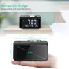 A digital alarm clock is shown on a nightstand, with a second image showing its dimensions. Produktbild-Vorschau