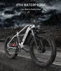 An electric mountain bike is shown in the rain, with text highlighting its waterproof feature. Podgląd zdjęcia produktu