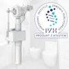 A toilet fill valve with a PZH certification badge and two toilets in the background. Produktbild-Vorschau