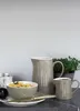 A table setting with a bowl of pasta, two pitchers, a plum, and a plant. Produktbild-Vorschau