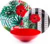 A red bowl is in the foreground, with two plates with tropical designs behind it. Produktbild-Vorschau