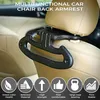 A multifunctional car chair back armrest shown attached to a car seat headrest. Several icons with text descriptions are displayed at the bottom. Produktbild-Vorschau