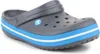 A single gray Crocband clog with blue and white stripes on the sole, shown from a side angle on a white background. Produktbild-Vorschau
