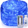 A coiled string of blue LED lights with a remote control and USB connector. Produktbild-Vorschau