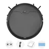 A top-down view of a black robot vacuum cleaner with accessories shown in circular insets at the bottom. Produktbild-Vorschau