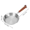 A stainless steel frying pan with a wooden handle is shown against a white background, with dimensions indicated by measurement lines and text. Produktbild-Vorschau