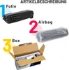 An illustration showing the packaging process of a product, with three steps labeled 'Folie' (foil), 'Airbag', and 'Box'. Produktbild-Vorschau