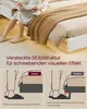 A person sitting on a bed with a blanket, and diagrams illustrating bed frame features. Produktbild-Vorschau