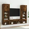 A wall-mounted media unit with shelves and cabinets, featuring a dark wood grain finish and a black television screen. Náhľad obrázku produktu