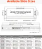 A diagram showing the dimensions and specifications for drawer slides, with a table of available sizes and their corresponding measurements. Anteprima dell’immagine prodotto