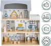 A multi-story wooden dollhouse with furniture and two small figures. Produktbild-Vorschau