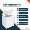 A white chest freezer is shown with its lid open, next to a series of feature callouts. Produktbild-Vorschau