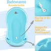 A blue baby bathtub with callouts highlighting features. Produktbild-Vorschau