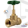 A brass valve with a green handle, presented on a white background with logos and text. Anteprima dell’immagine prodotto