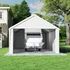 A white tent-like structure with a boat on a trailer inside, set up on a grassy lawn next to a house and a large tree. Produktbild-Vorschau