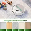 A robot vacuum cleaner is shown on a carpeted floor with children's toys. Below, there are swatches of different flooring types. Podgląd zdjęcia produktu