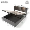A grey upholstered bed frame with the storage compartment open, showing the slatted base and dimensions indicated. Produktbild-Vorschau