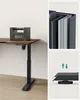 A height-adjustable desk with a weight on it and close-up views of its construction and leveling mechanism. Produktbild-Vorschau
