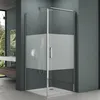 A modern bathroom with a glass shower enclosure.