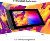 A HUION Kamvas Pro 13 graphics tablet is displayed diagonally against a vibrant, abstract background. Text indicating '120% SRGB-Farbraum' and viewing angle information is present. Produktbild-Vorschau