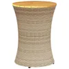 A beige poly rattan drum-shaped side table with a solid wood top, shown on a white background. Produktbild-Vorschau