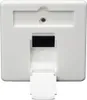 The back of a white network data socket with a small black connector opening and a flip-down cover. Produktbild-Vorschau