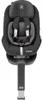 A black and gray child car seat is shown from the front, mounted on a dark gray base with a silver adjustable support leg. Produktbild-Vorschau