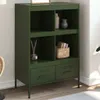 A green metal highboard with shelves and drawers, decorated with a few items. Voir les images du produit
