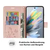 A pink flip phone case with card slots and a phone inside, next to a text description. Produktbild-Vorschau