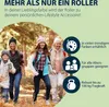 A group of people walking in a forest, with marketing text and icons on the right. Produktbild-Vorschau