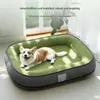 A corgi dog is lying on a green and gray dog bed in a well-lit room with a window in the background. Produktbild-Vorschau