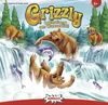 The image shows the box art for the board game Grizzly, featuring cartoon bears trying to catch salmon in a waterfall. Produktbild-Vorschau