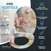 A toilet seat with a floral design is shown open, with text highlighting its features and benefits. Produktbild-Vorschau