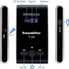 A product shot of a Retekess T130 transmitter, showing its front, side, and back views with labels and indicators. Produktbild-Vorschau